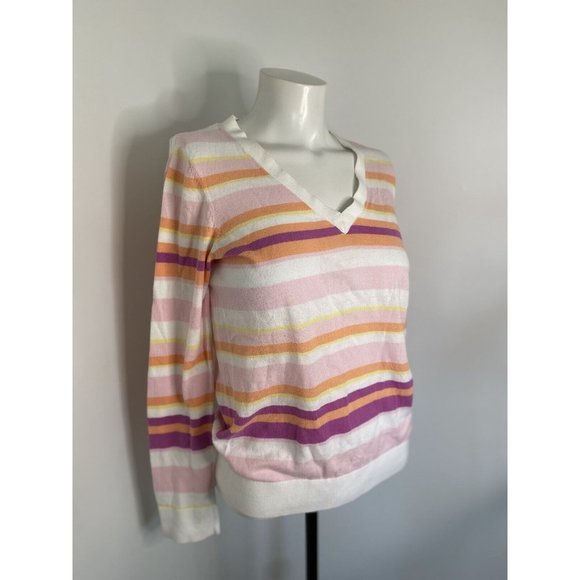 Izod White Pastel Striped Womens V-Neck Sweater Size S 100% Cotton Vintage Retro - Picture 8 of 16